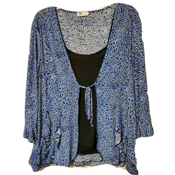 JW Collection Blouse Medium 2pc Blue Black Bell Shape Tank Top Tie Front - Picture 1 of 2